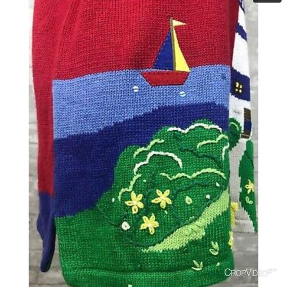 Quacker Factory Lighthouse Red Knit Sweater Sailboat Short Sleeve Women Medium - Picture 5 of 16
